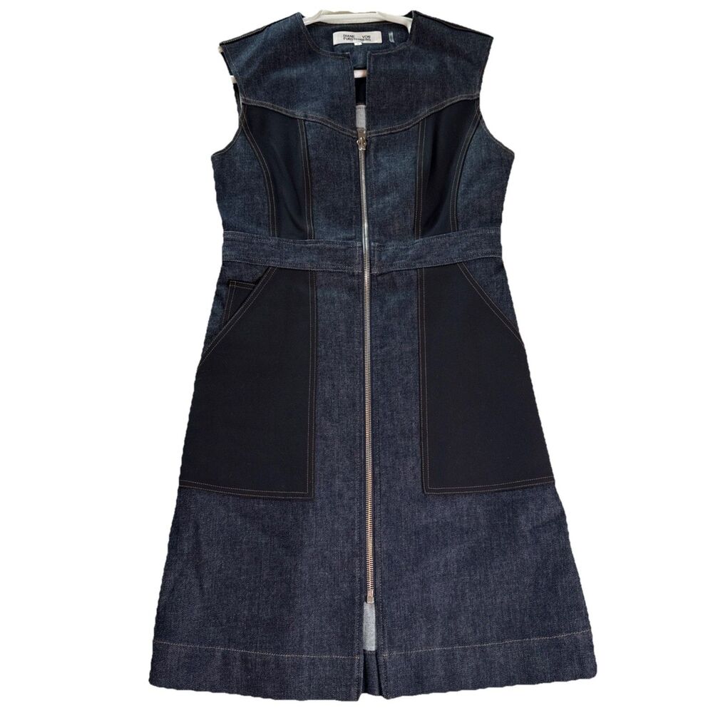 Diane Von Furstenberg Dark Denim and Black Zip-Front Sleeveless Dress